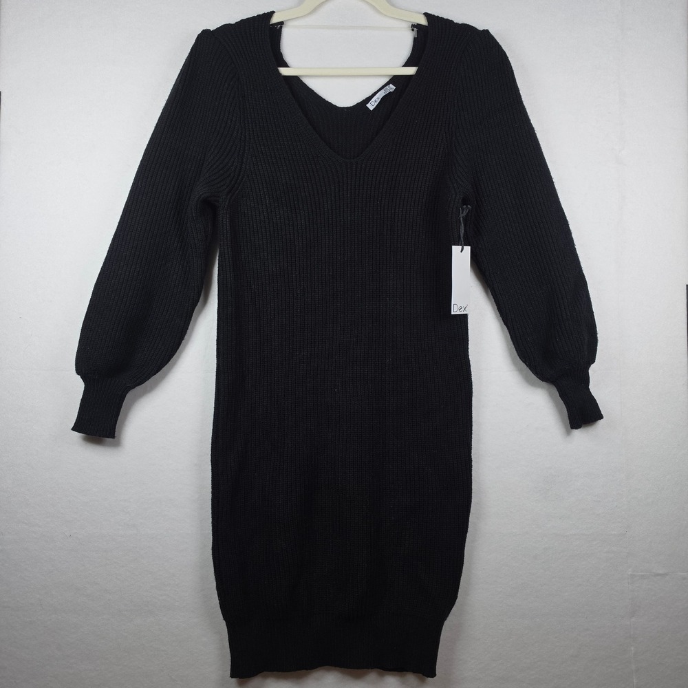 Dex Ribbed V-Neck Sweater Dress XS Black Balloon Sleeve